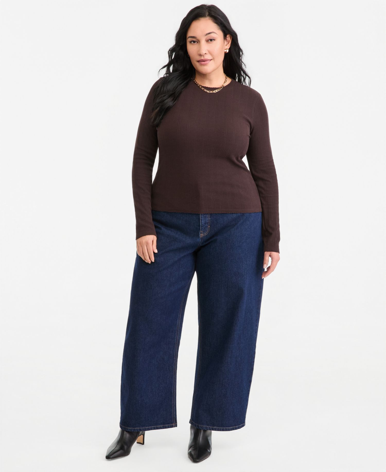Plus Size Long-Sleeve Pointelle Cropped Meet & Greet T-Shirt