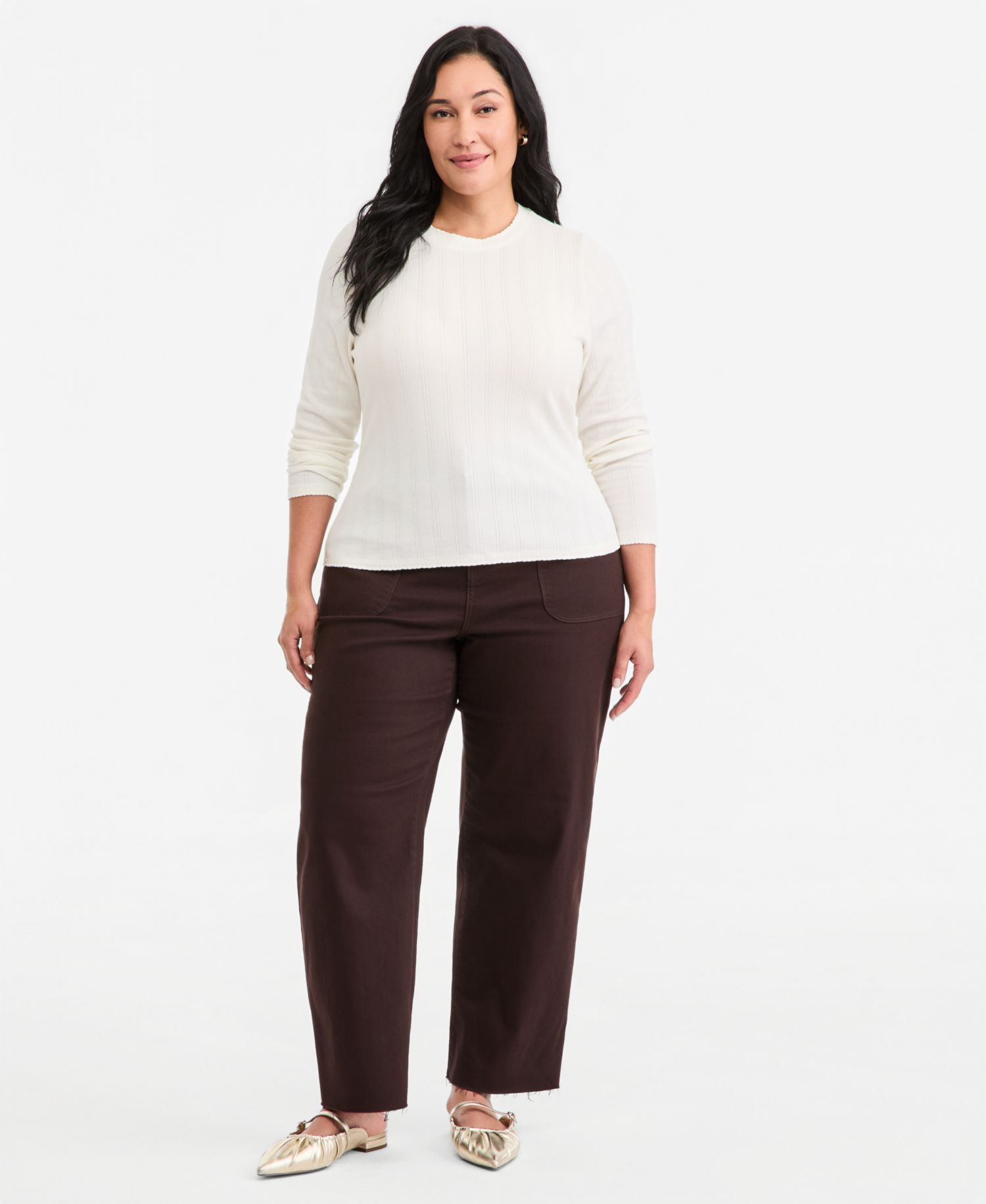 Plus Size Long-Sleeve Pointelle Cropped Meet & Greet T-Shirt