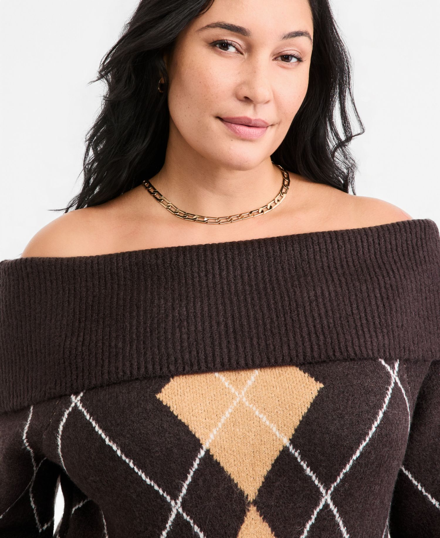 Plus Size Off-the-Shoulder Argyle Sweater