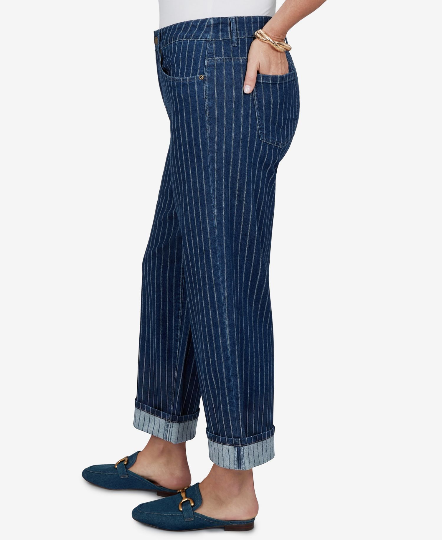 Plus Size Pinstripe Wide Cuff Denim Jeans