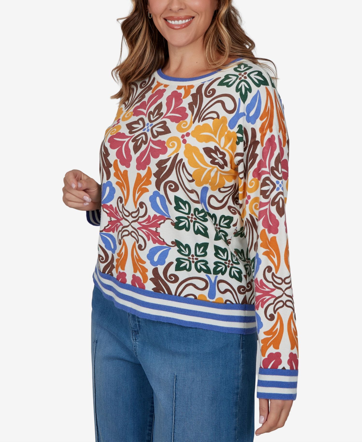 Plus Size Tipped Floral Lightweight Sweater