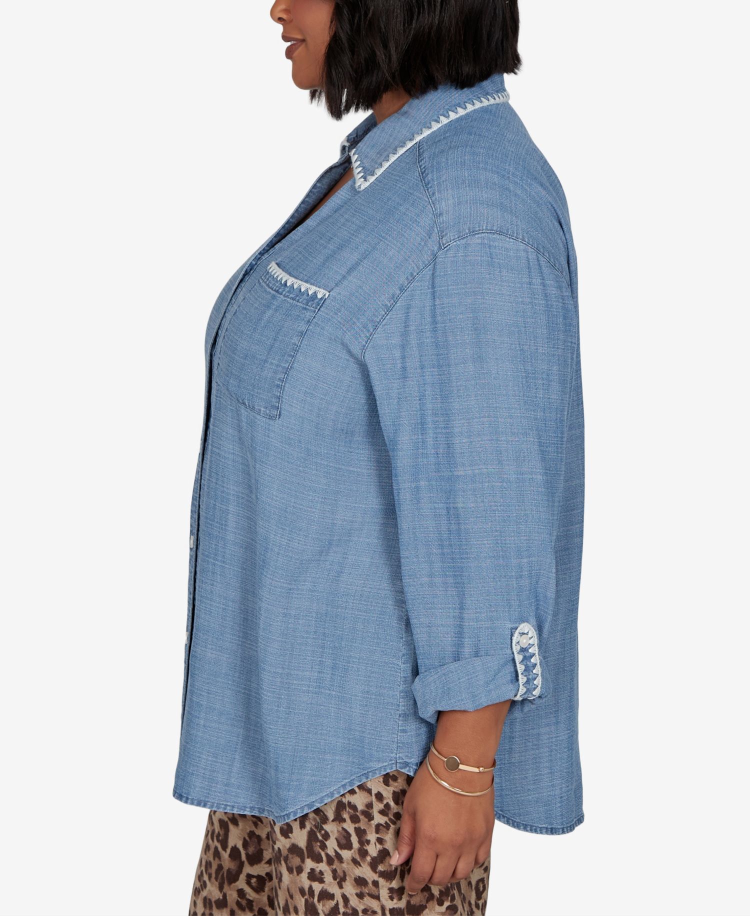 Plus Size Crochet Trim Soft Button-Front Top