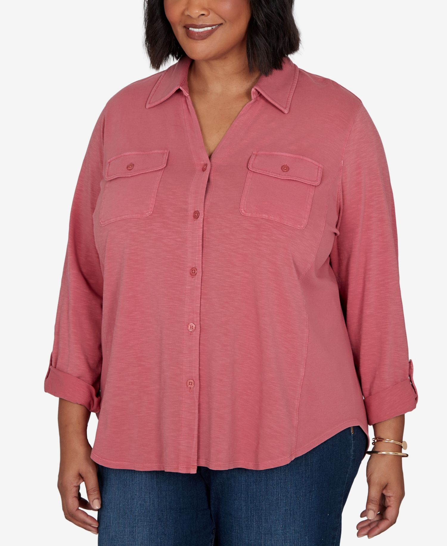 Plus Size Rib Trim Button-Front Knit Top