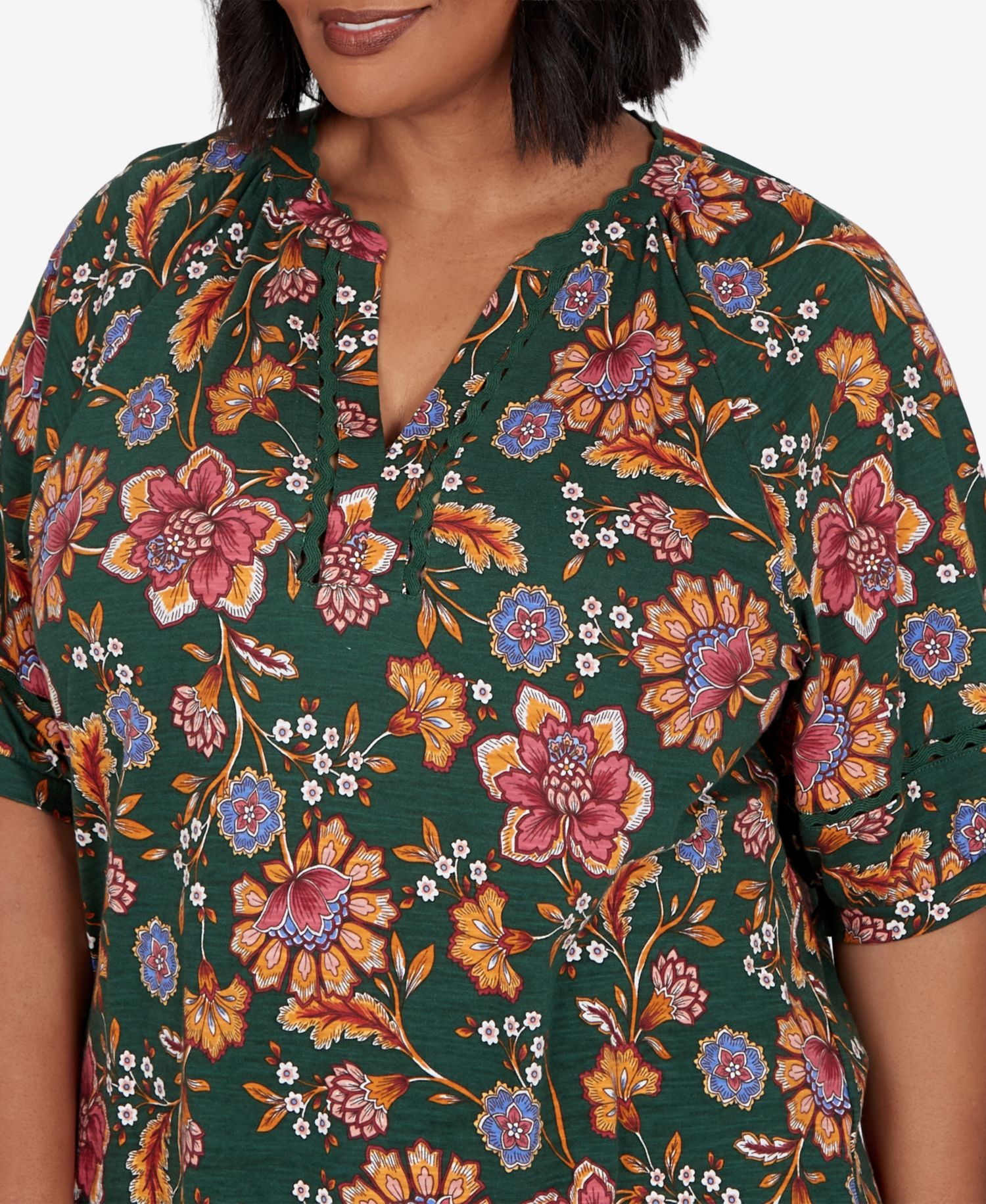 Plus Size Floral Vines Printed Cotton Knit Top