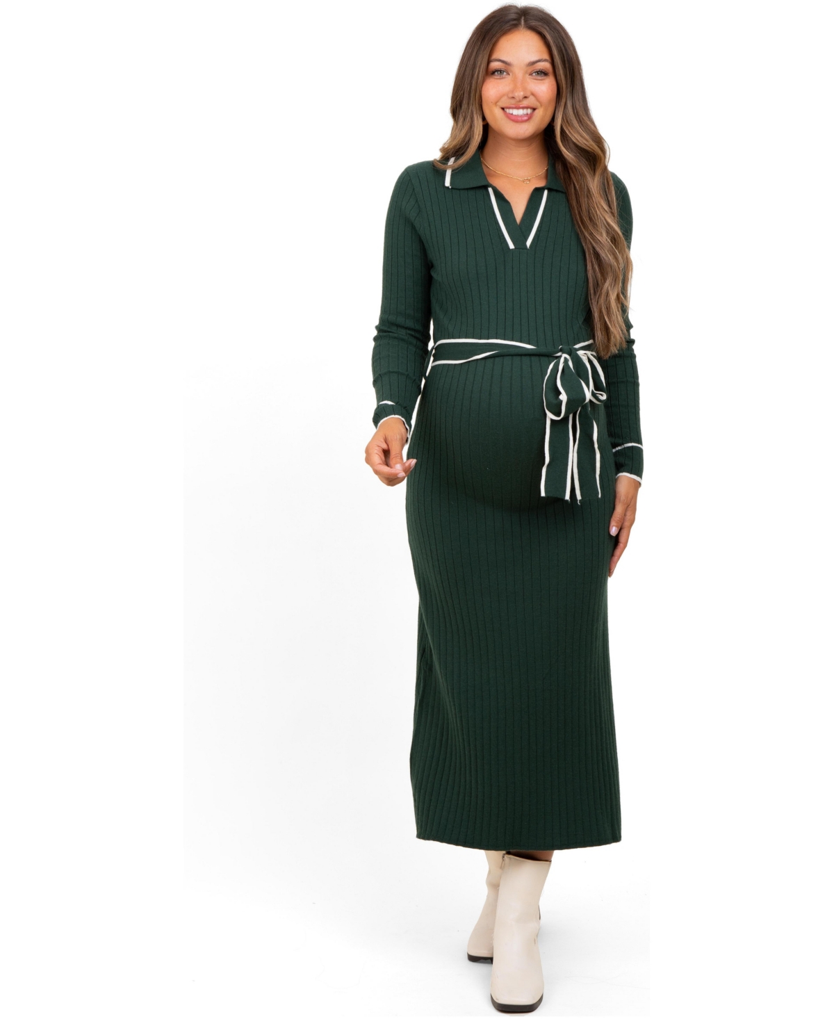 Pinkblush Women's Brown Soft Stretchy Rib Fitted Sweater Midi Dress - Forest green