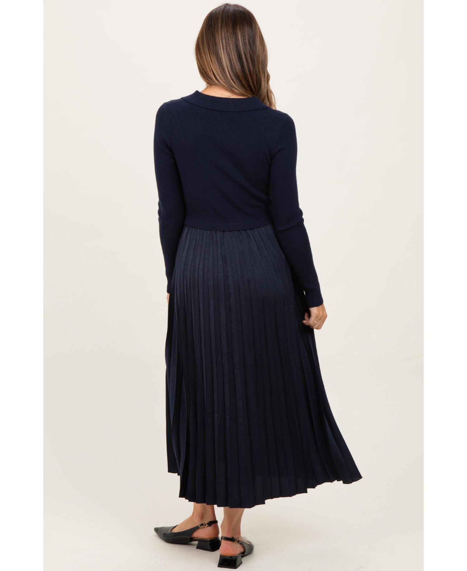Women's Navy Collared Knit Contrast Pleated Skirt Midi Dress