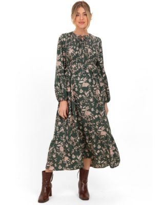 Women's Green Floral Smocked Long Sleeve Midi Dress