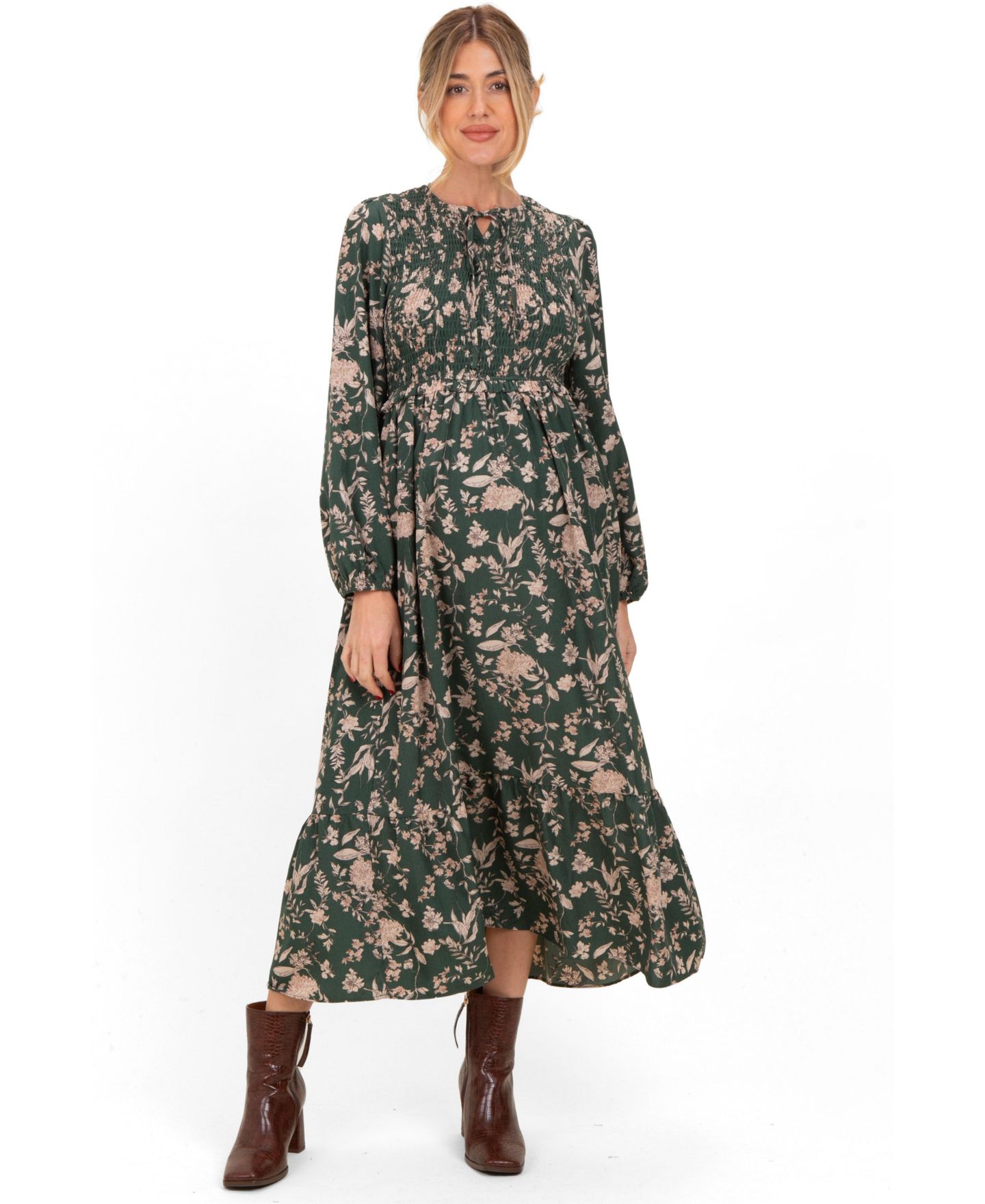 Женское платье Pinkblush Green Floral Smocked Long Sleeve Midi, цвет: Оливковый зелёный — фото 1
