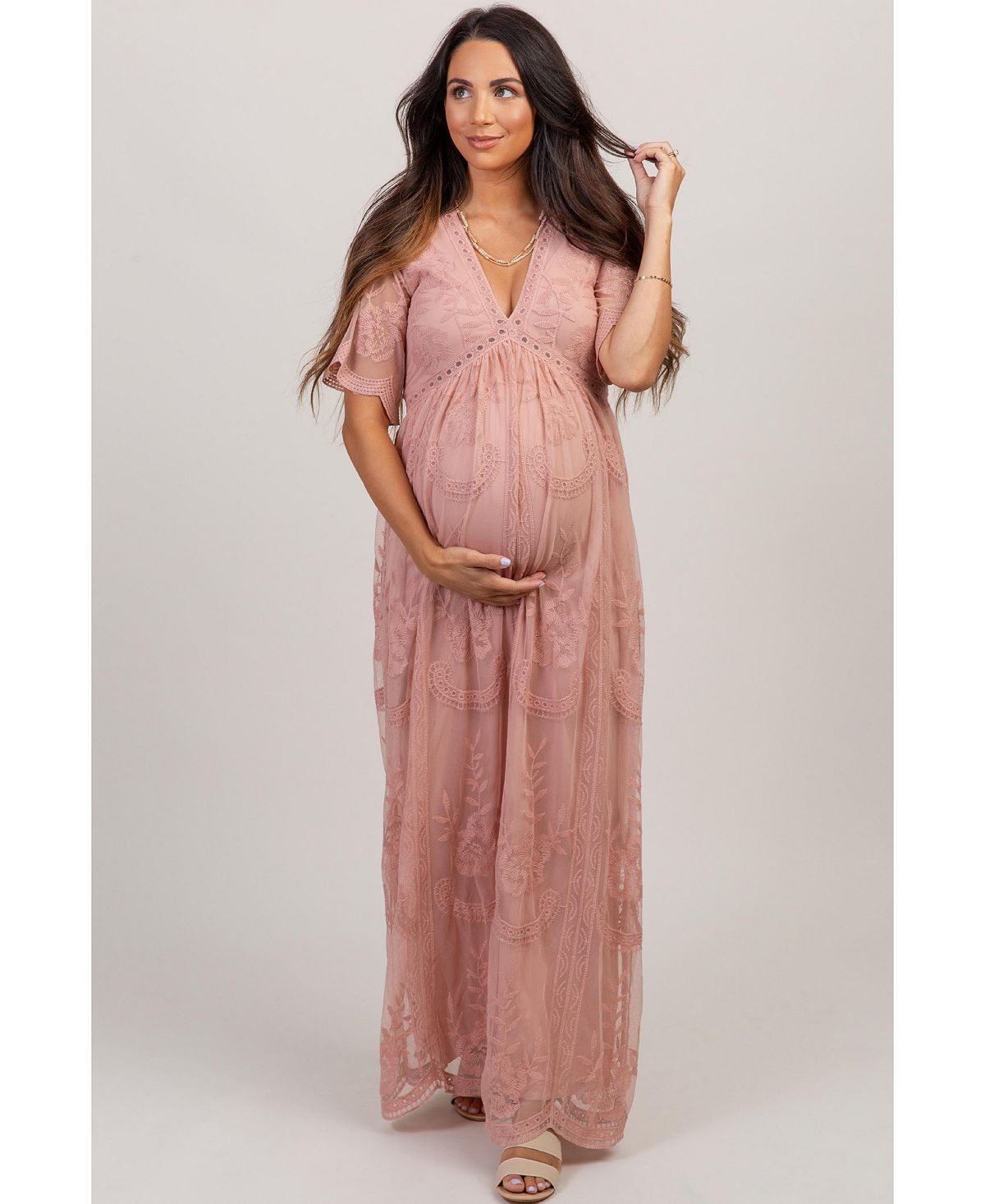 Pinkblush Women's Burgundy Lace Mesh Overlay Maxi Dress view 8 — MAYCSS fashion products