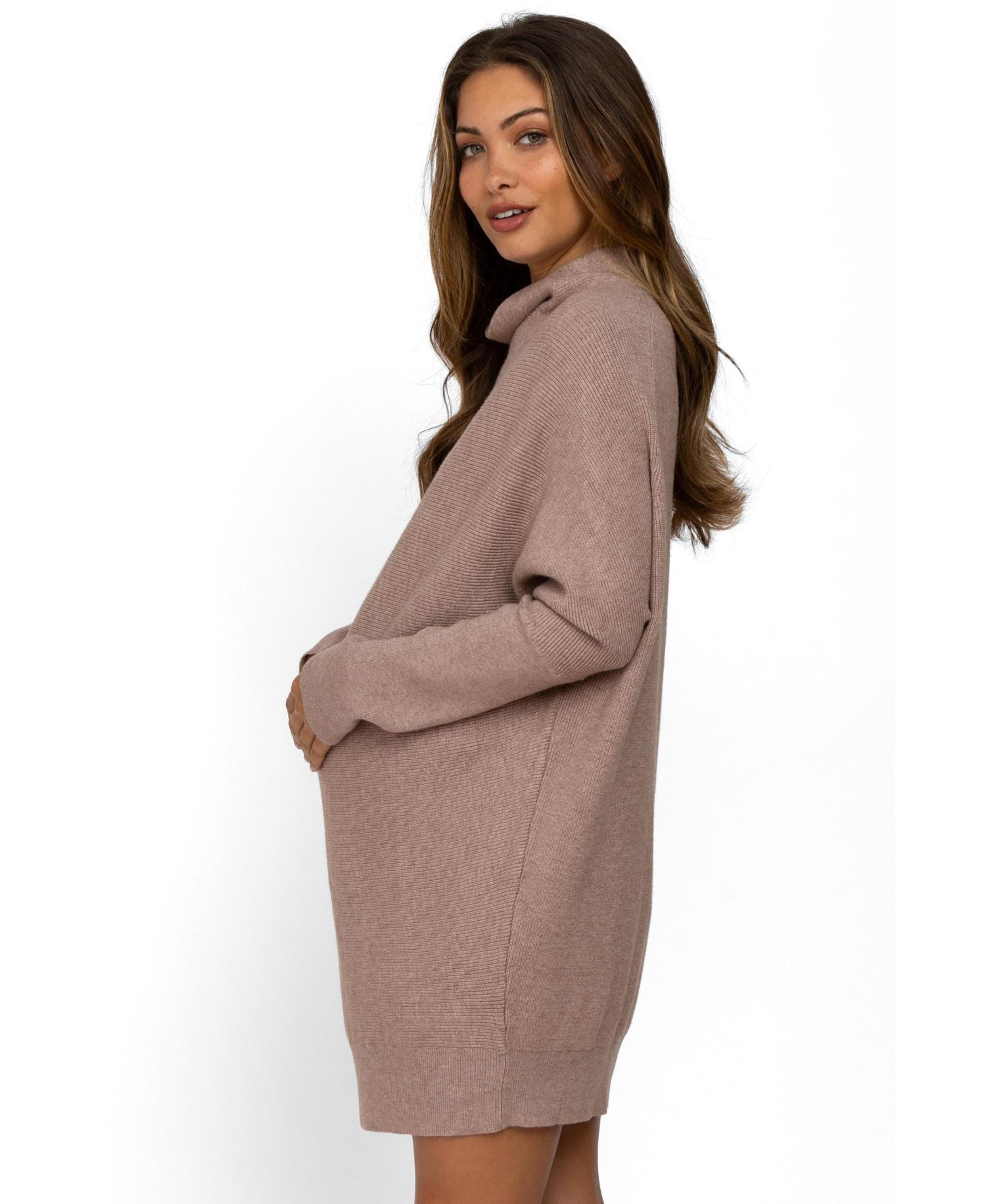 Women's Taupe Funnel Neck Dolman Sleeve Mini Dress