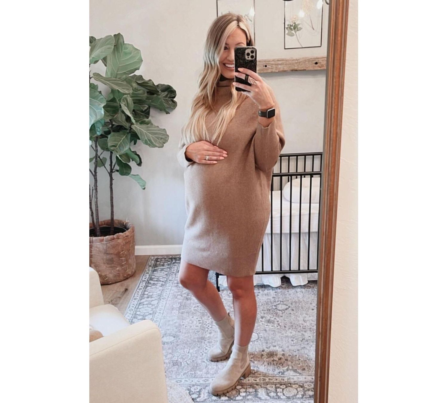 Women's Taupe Funnel Neck Dolman Sleeve Mini Dress