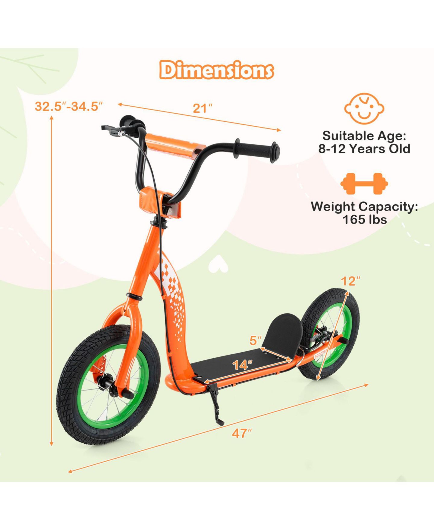 Детская игрушка Slickblue Kids Scooter with Adjustable Height Handlebar and 12" Air Wheels, 165 lbs Capacity, 8–12 лет, цвет: Оранжевый — фото 3