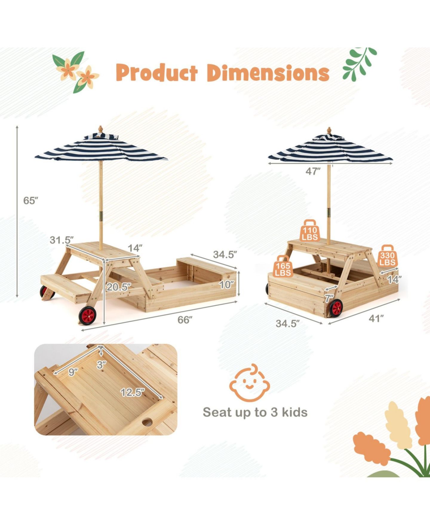 Детская игрушка SUGIFT 2 in 1 Convertible Sandbox Picnic Table, Fir Wood with Adjustable Umbrella, Accommodates 3 Children, Ages 3+ — фото 3
