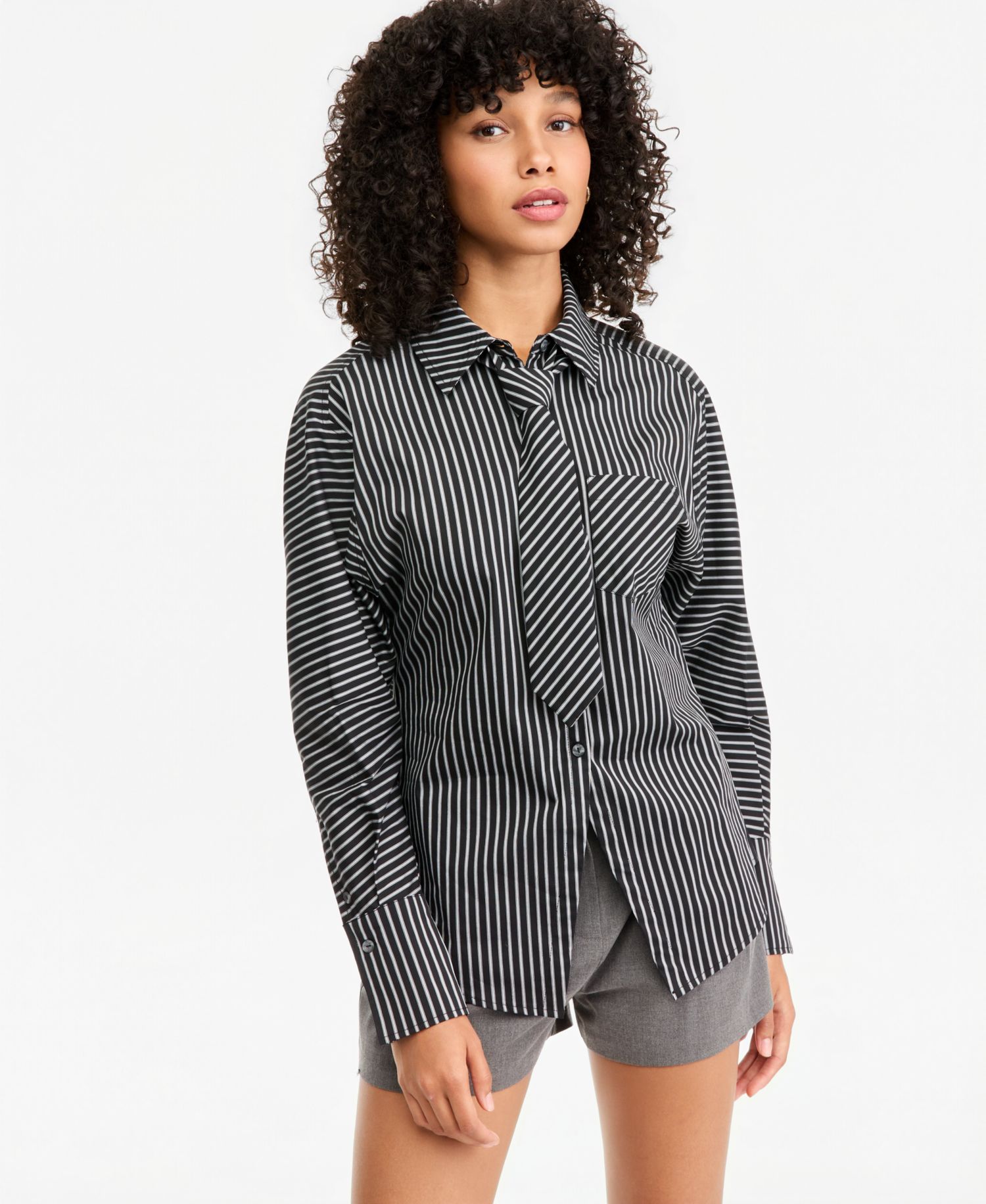 Women's Striped Tie-Neck Long-Sleeve Shirt