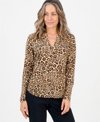 Petite Leopard-Print Long-Sleeve V-Neck Top