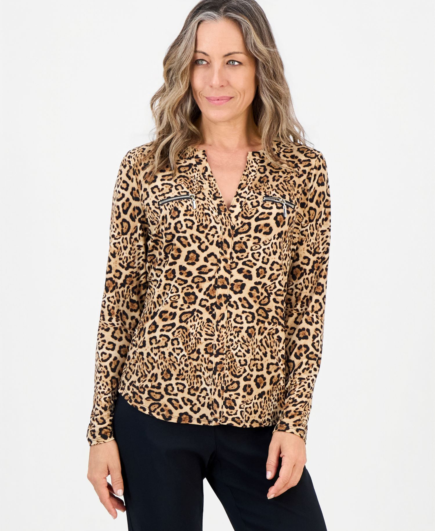 Petite Long-Sleeve V-Neck Leopard-Print Blouse
