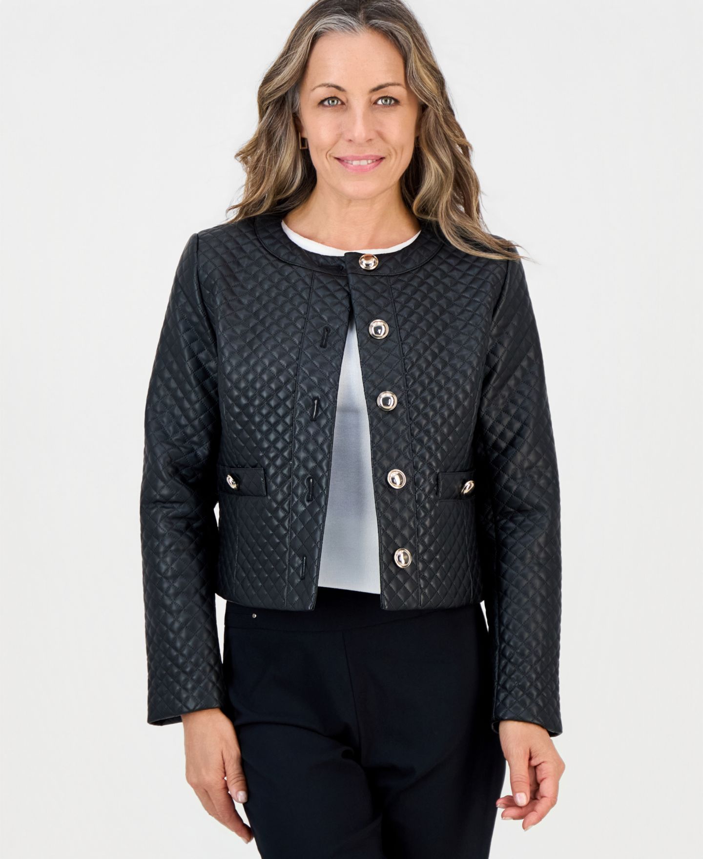 Женская куртка JM Collection Petite Quilted Faux-Leather Button-Front, цвет: Глубокий чёрный — фото 1