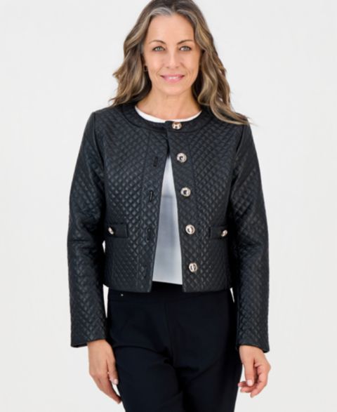 Женская куртка JM Collection Petite Quilted Faux-Leather Button-Front, цвет: Глубокий чёрный