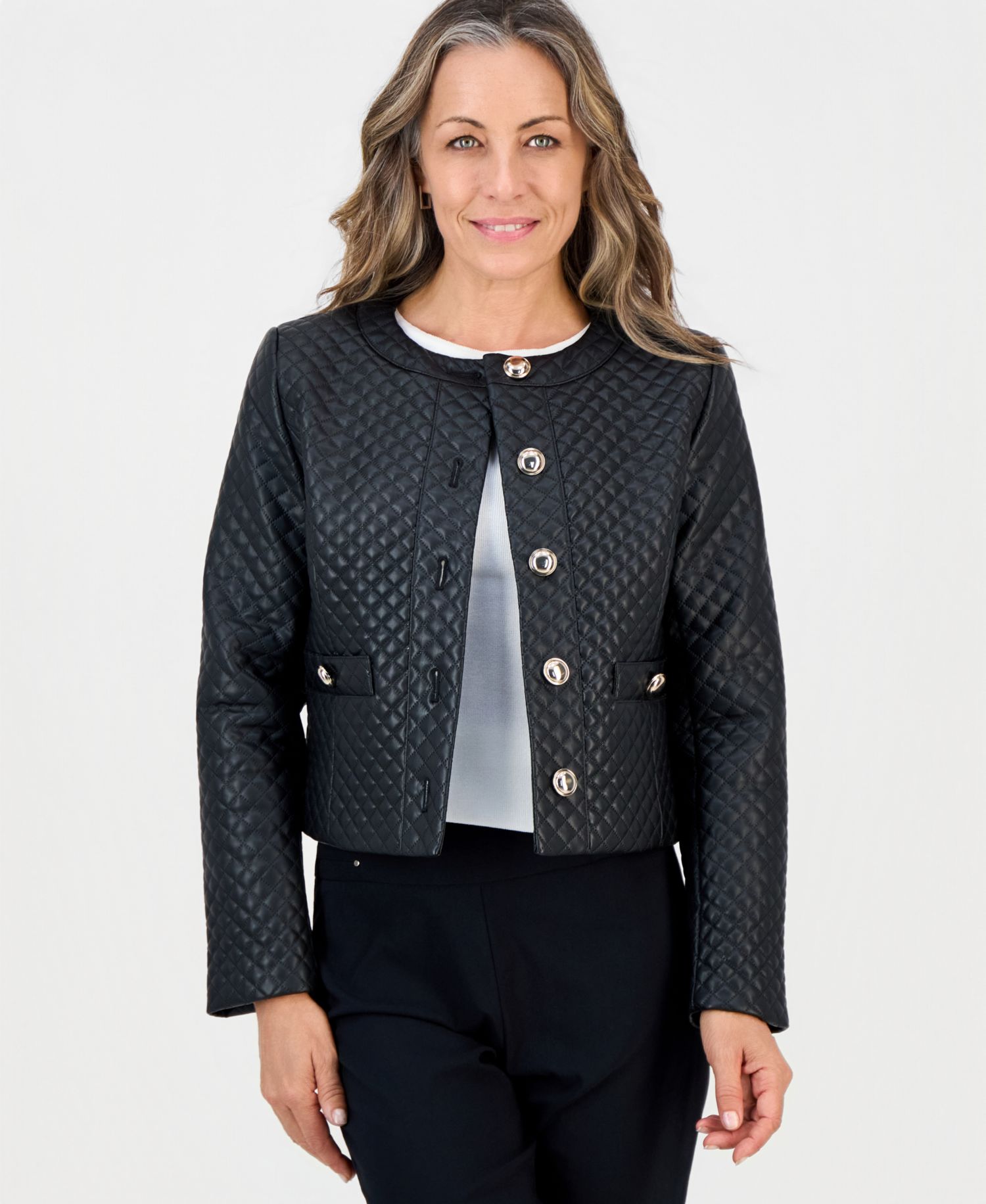 Petite Quilted Faux-Leather Button-Front Jacket
