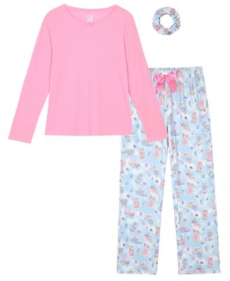Girls' 7-16 Rib Top, Milky Print Pants and Matching Scrunchie Pajama, 3-Piece Set