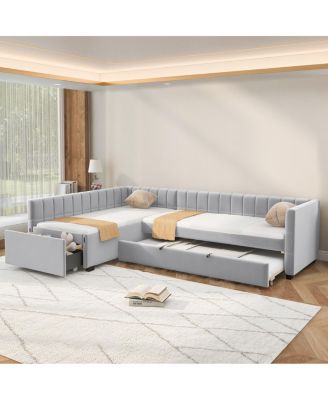 L-Shaped Upholstered Twin Daybed with Trundle and Drawer