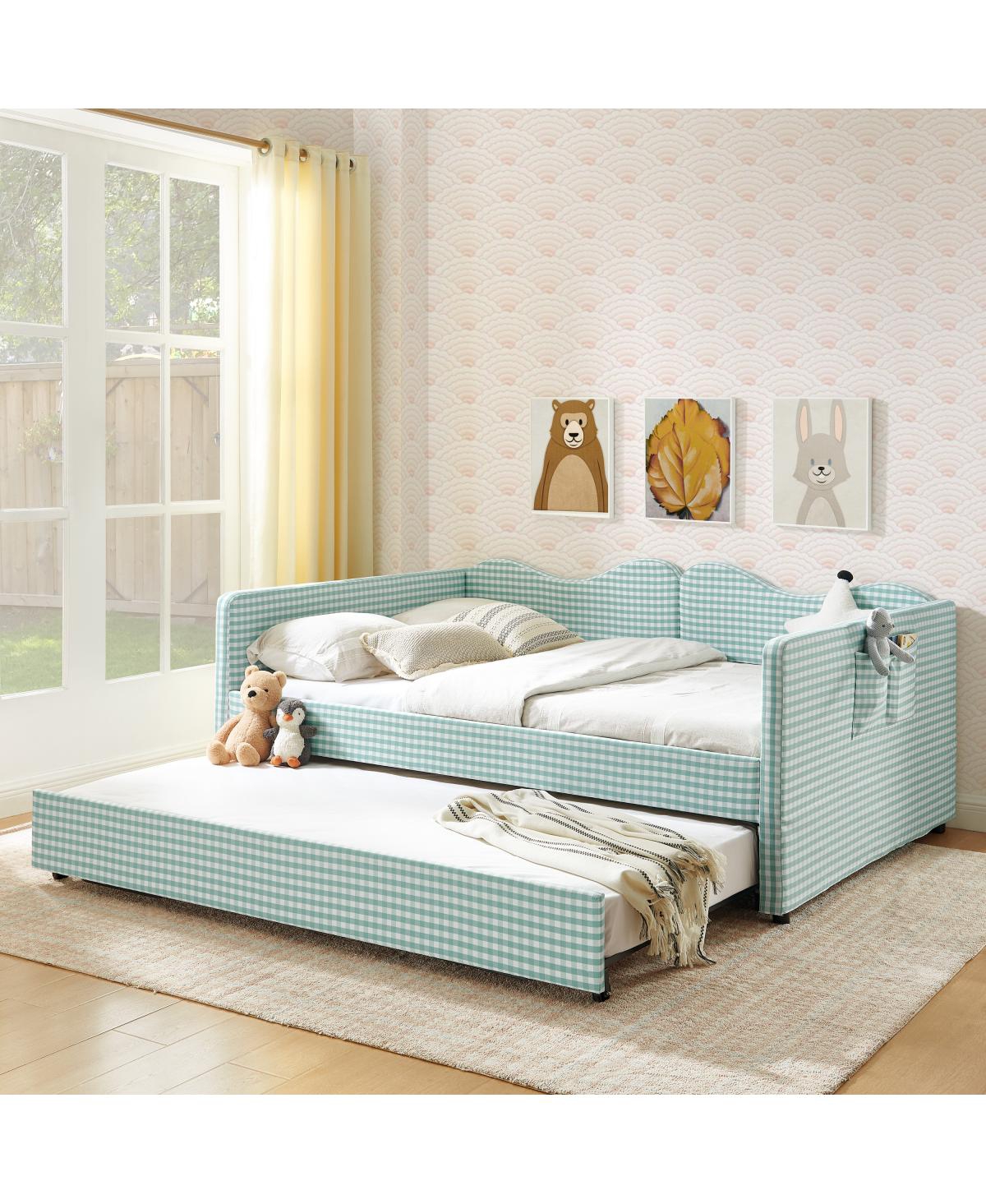 Streamdale Furniture Gingham Upholstered Full-Size Daybed with Trundle and Side Storage Pocket