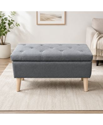 Wide Upholstered Storage Ottoman Bench with Built-in Tray