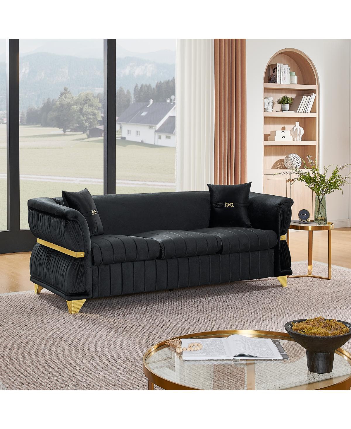 Streamdale Furniture 83.5" Modern Velvet 3-Seater Sofa with Gold Trim and 2 Pillows