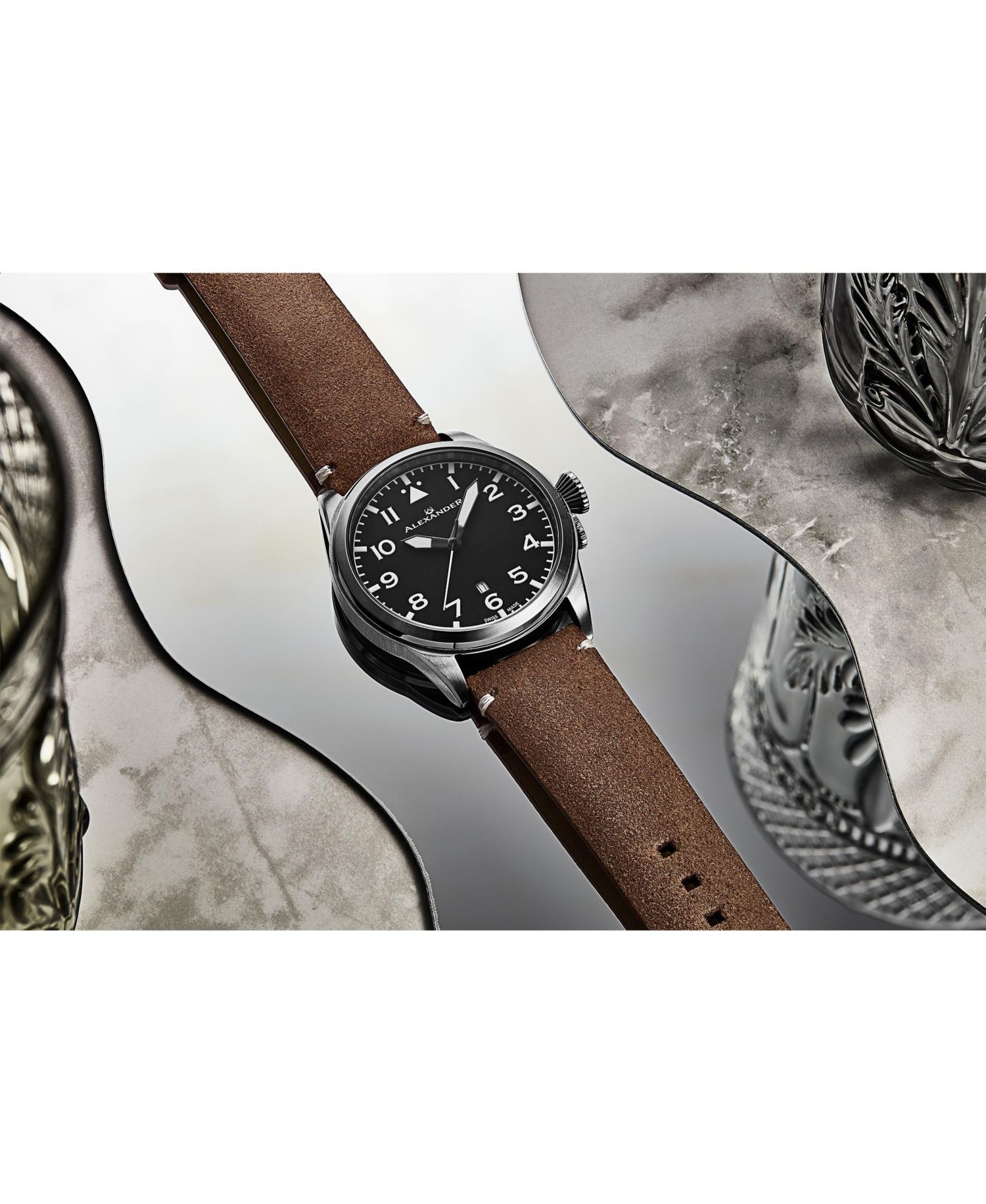 Men's Swiss Made Aviator A601.02 Quartz Watch with Dial, Suede Leather Strap, Sapphire Crystal, 42mm