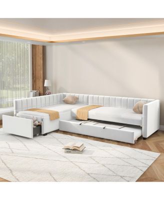 L-Shaped Upholstered Twin Daybed with Trundle and Drawer