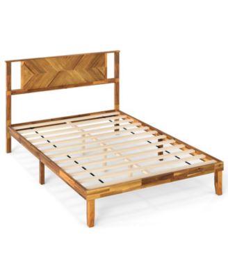 Full Size Bed Frame Mid-Century Acacia Wood Platform Bed with Headboard