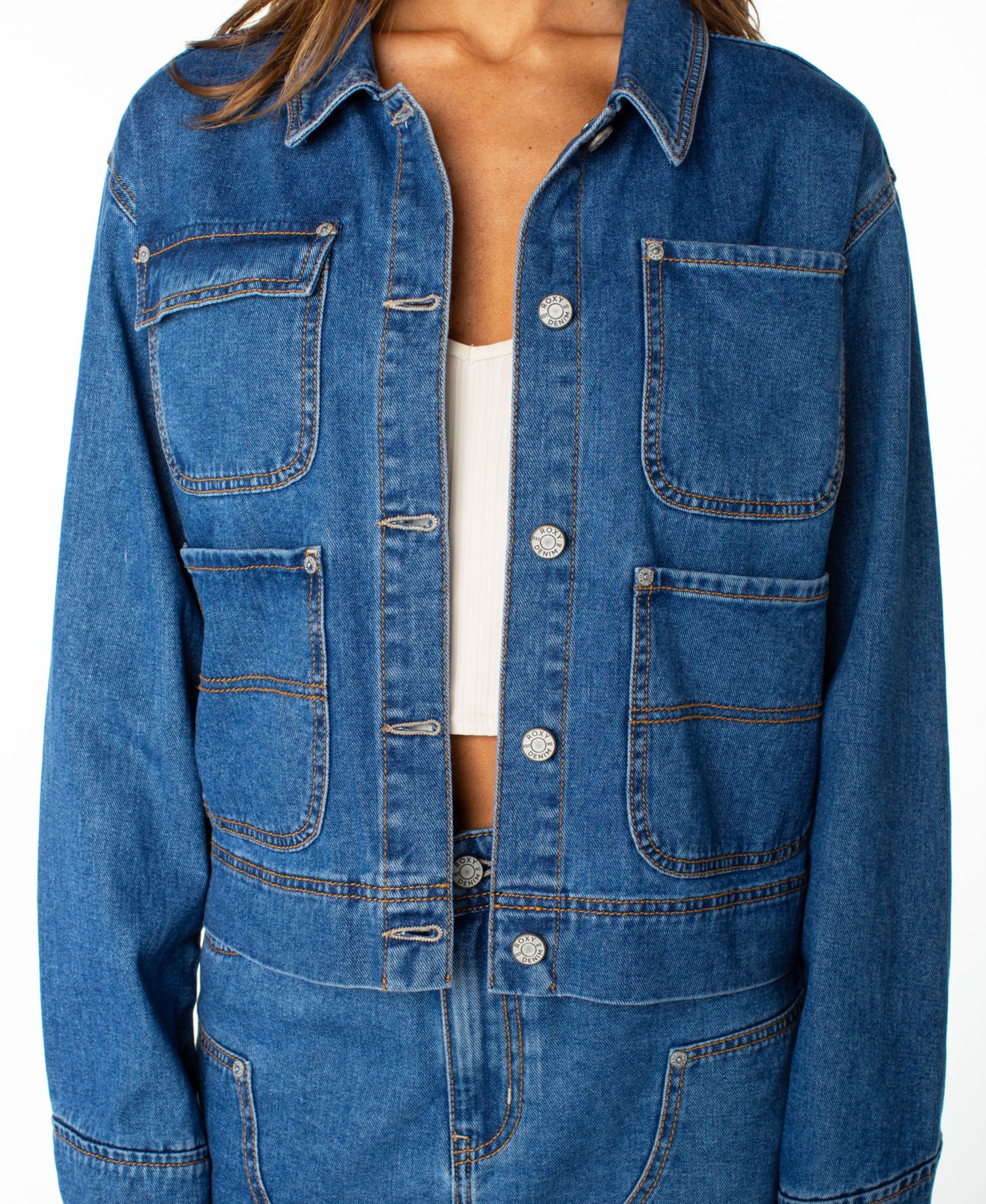Women's Reel Life Cropped Oversized-Pocket Denim Jacket
