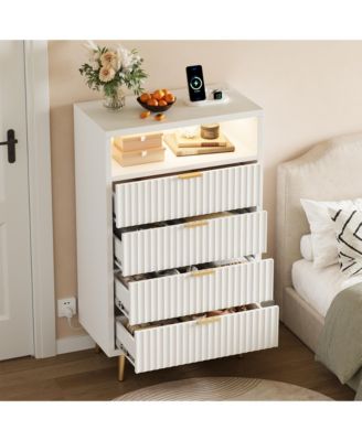 4 Drawers Dresser 28" Wooden Unit with LED and Charging, Fluted Night Stand Handle, Modern Dressers for Closet, Living Room, Hallway