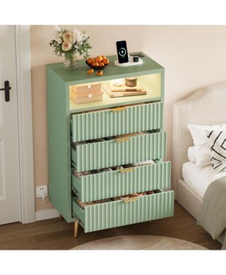 4 Drawers Dresser 28" Wooden Unit with LED and Charging, Fluted Night Stand Handle, Modern Dressers for Closet, Living Room, Hallway