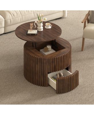  Round Fluted Wood Lift Top Coffee Table with Hidden Storage