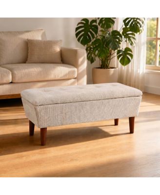  42" Rectangular Linen Ottoman Bench with Solid Wood Tapered Legs