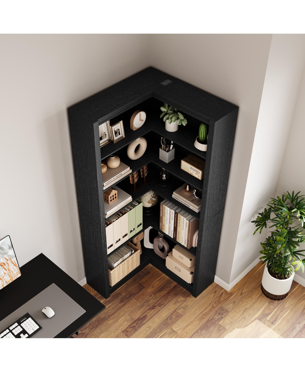 homfan 71.8" L-Shaped Farmhouse Corner Bookshelf, 5-Tier Wood Bookcase with Anti-Tipping Kit