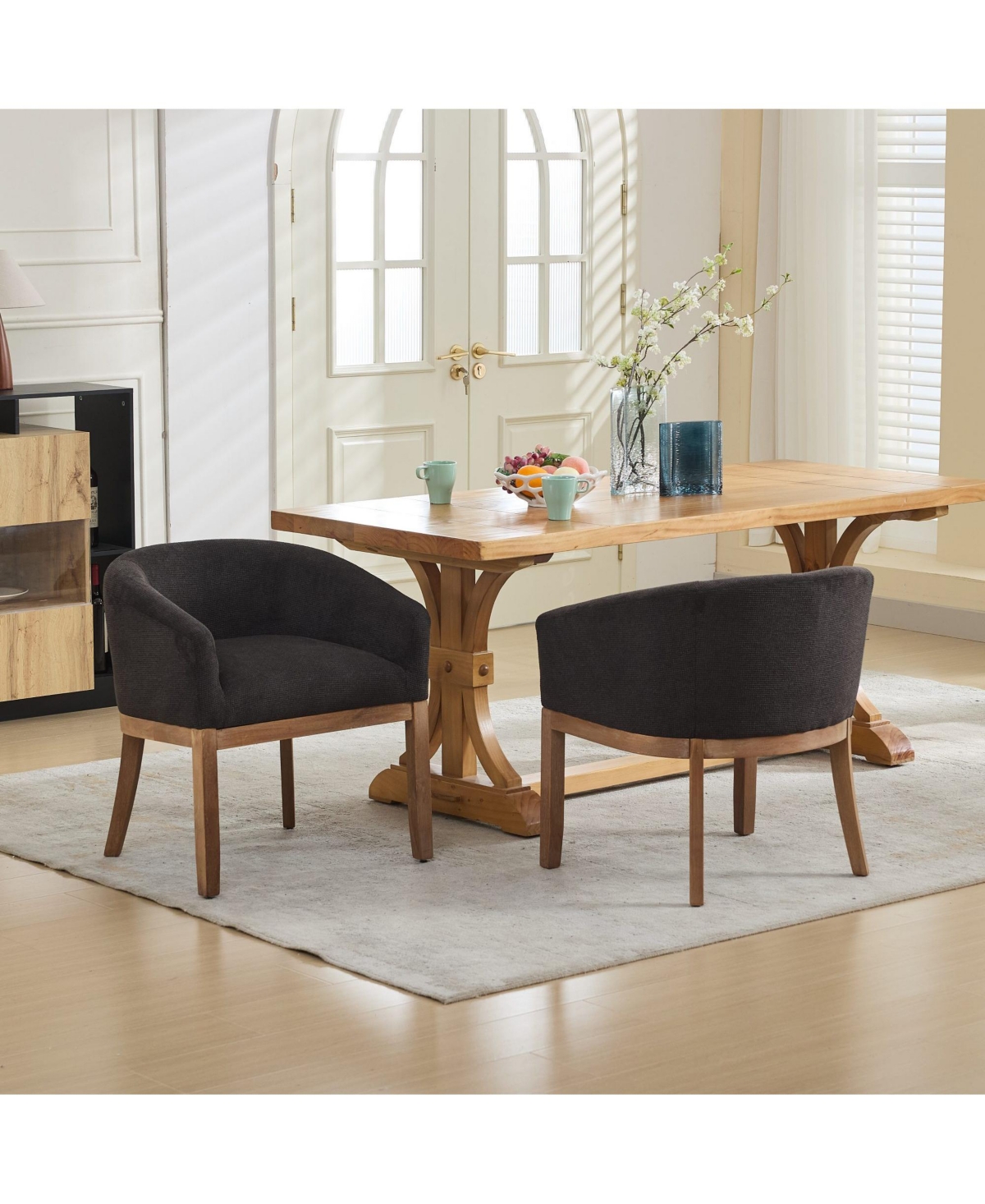 Clihome Upholstered Barrel Dining Chairs, Farmhouse Linen Accent Chairs with Natural Hardwood Frame