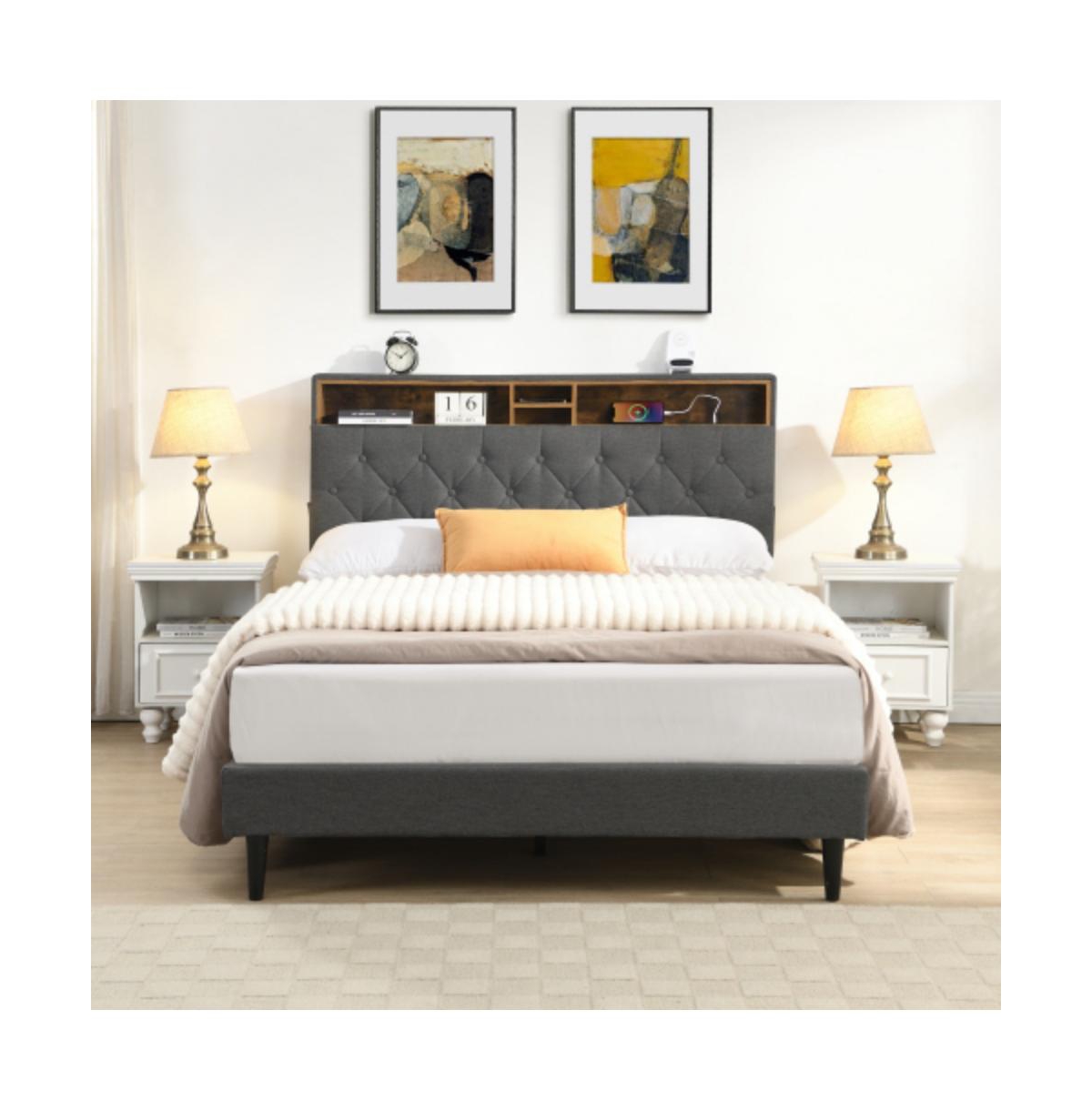 Lucky One Queen Size Platform Bed Frame with Usb Outlet and Storage Compartments, Heavy Duty Metal Slats
