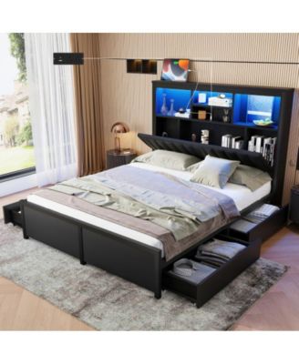 Queen Size Bed Frame with High Storage Headboard, LED Lights, USB Charging Station, 4 Drawers, All-Metal Support, 1200lbs