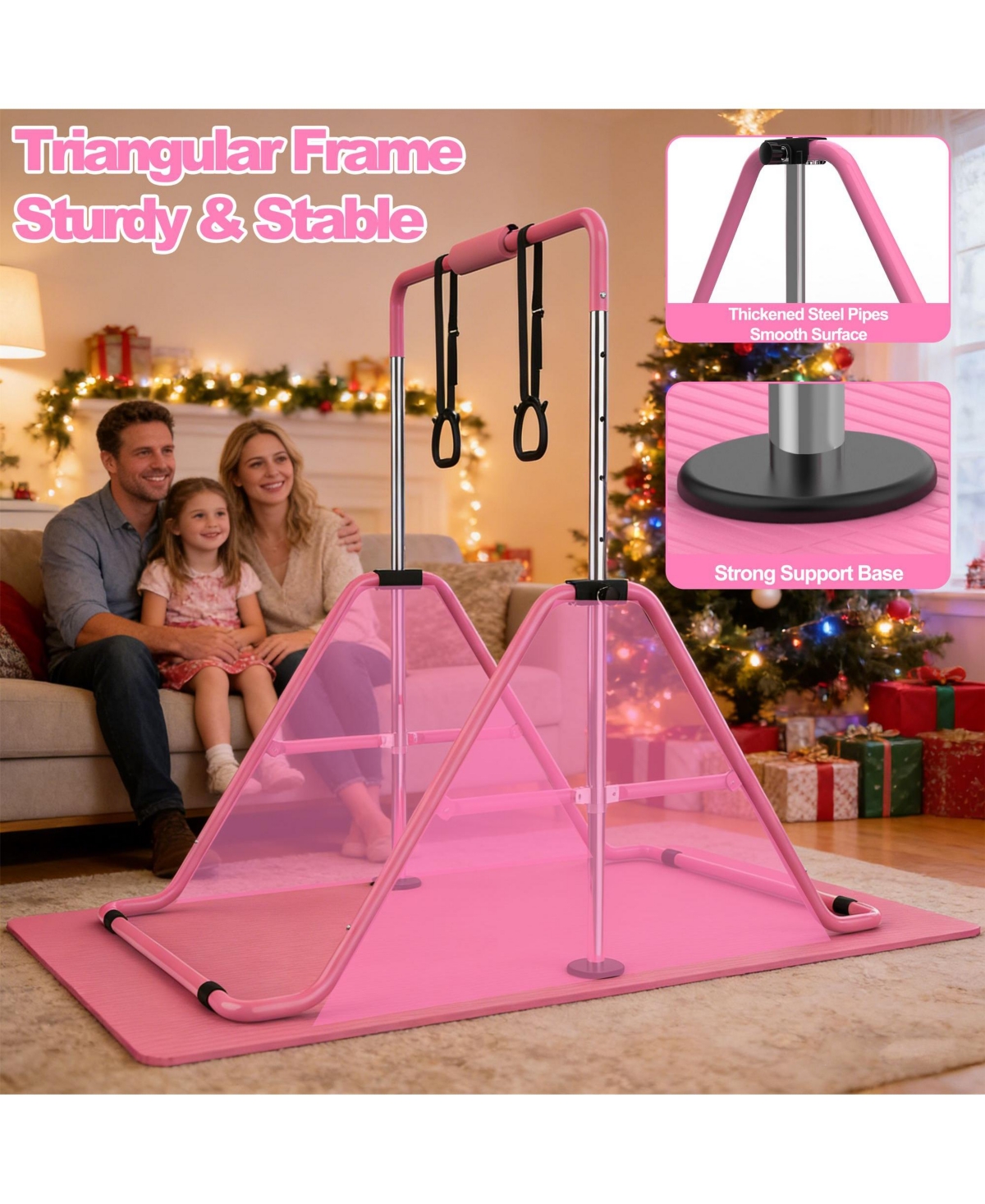 Zeny Gymnastics Bar for Kids, Gymnastics Horizontal Bar with Adjustable Height Foldable Training Bar with Mat for Home Practice - Pink