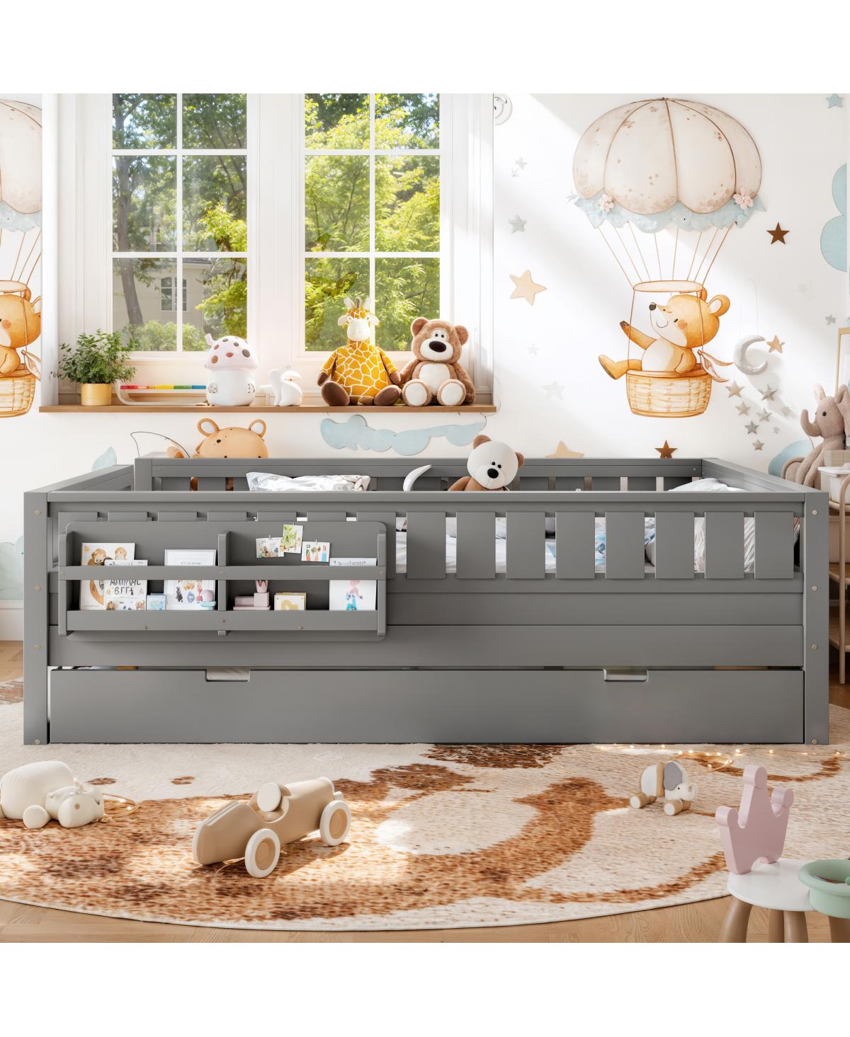 Streamdale Furniture Queen Bed with Bookshelves, Staircase, Safety Rails, and Trundle