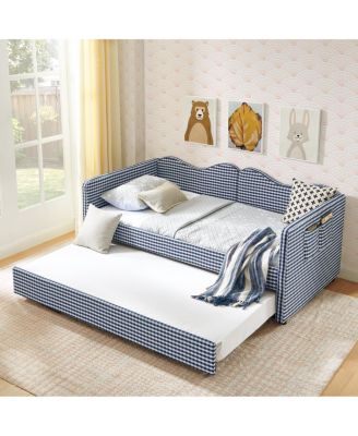 Gingham Upholstered Twin Daybed with Trundle and Side Storage Pocket