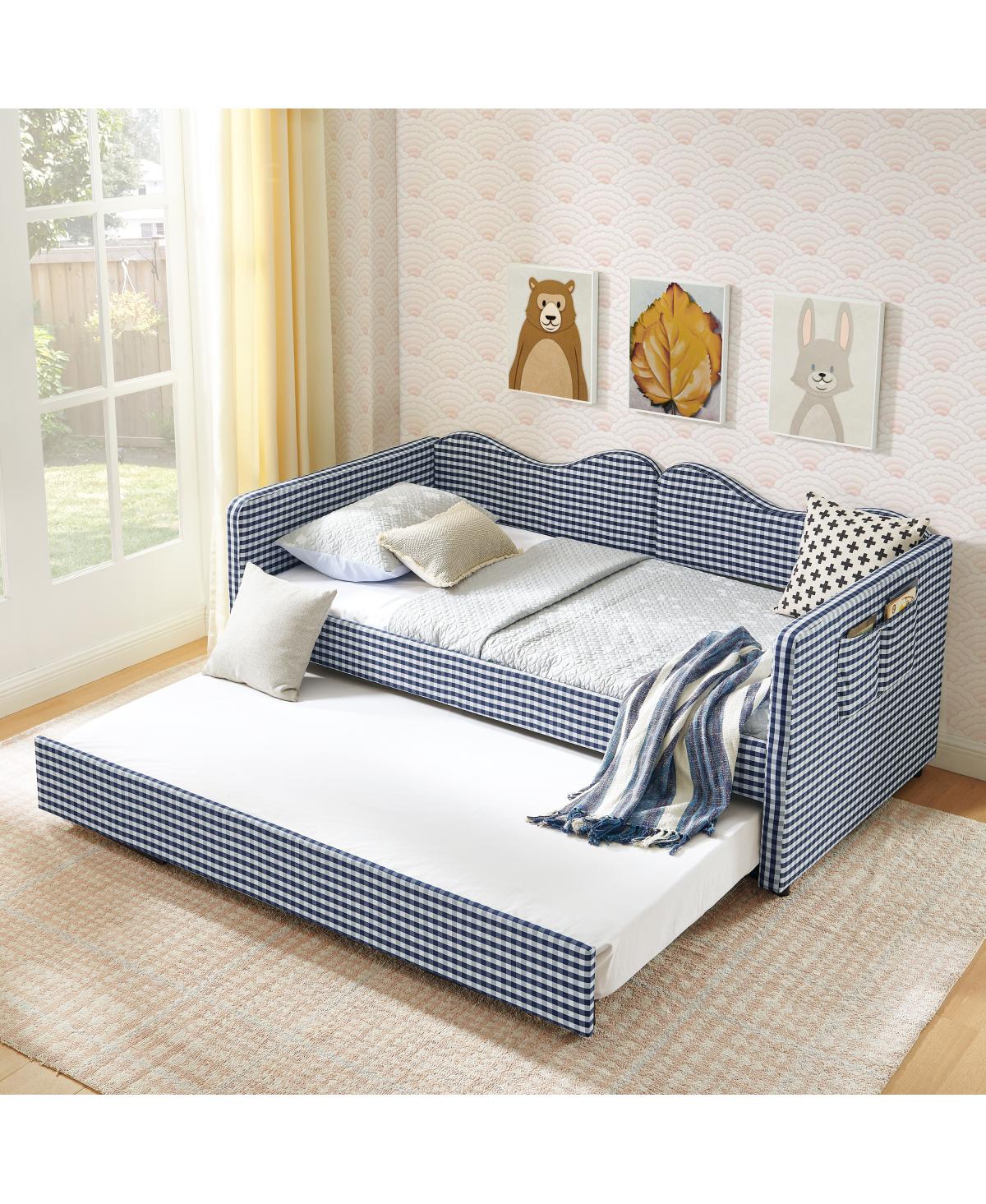 Streamdale Furniture Gingham Upholstered Twin Daybed with Trundle and Side Storage Pocket