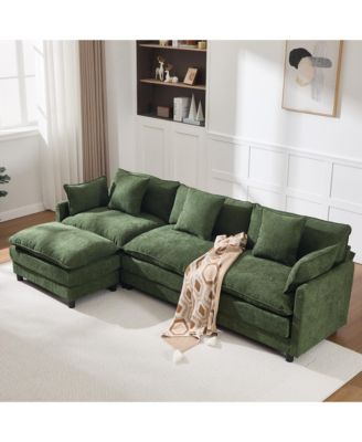 108" L-Shaped Modular Chenille Sofa with Ottoman, 3 Seat Couch with Pillows