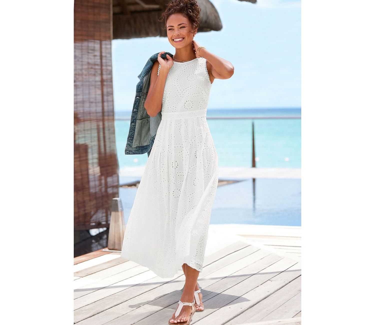 Women's Cotton Sleeveless Eyelet Crochet A-Line Maxi Dress