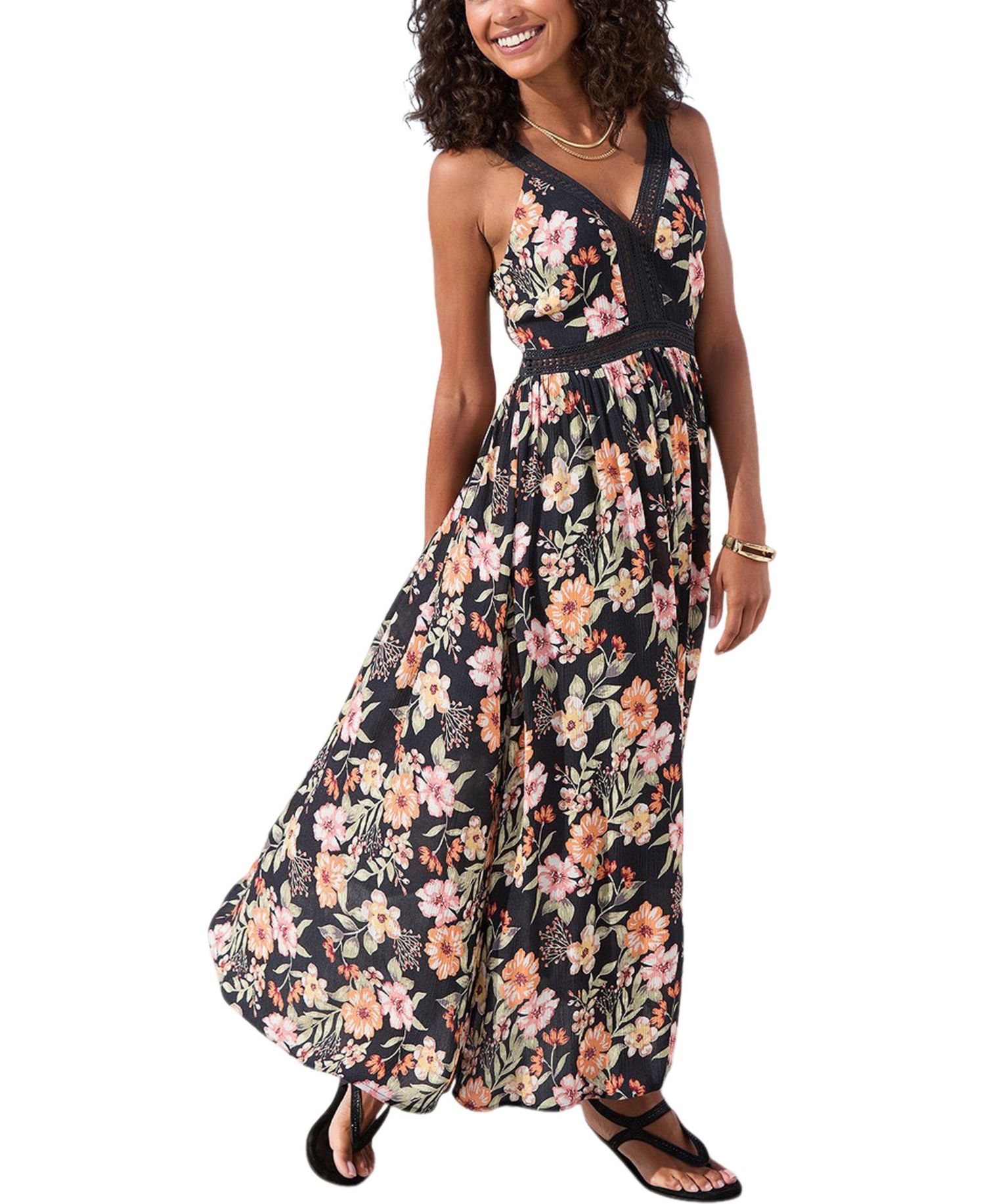 Women's Viscose Floral Print Crochet Detail A-Line V-Neck Maxi Dress