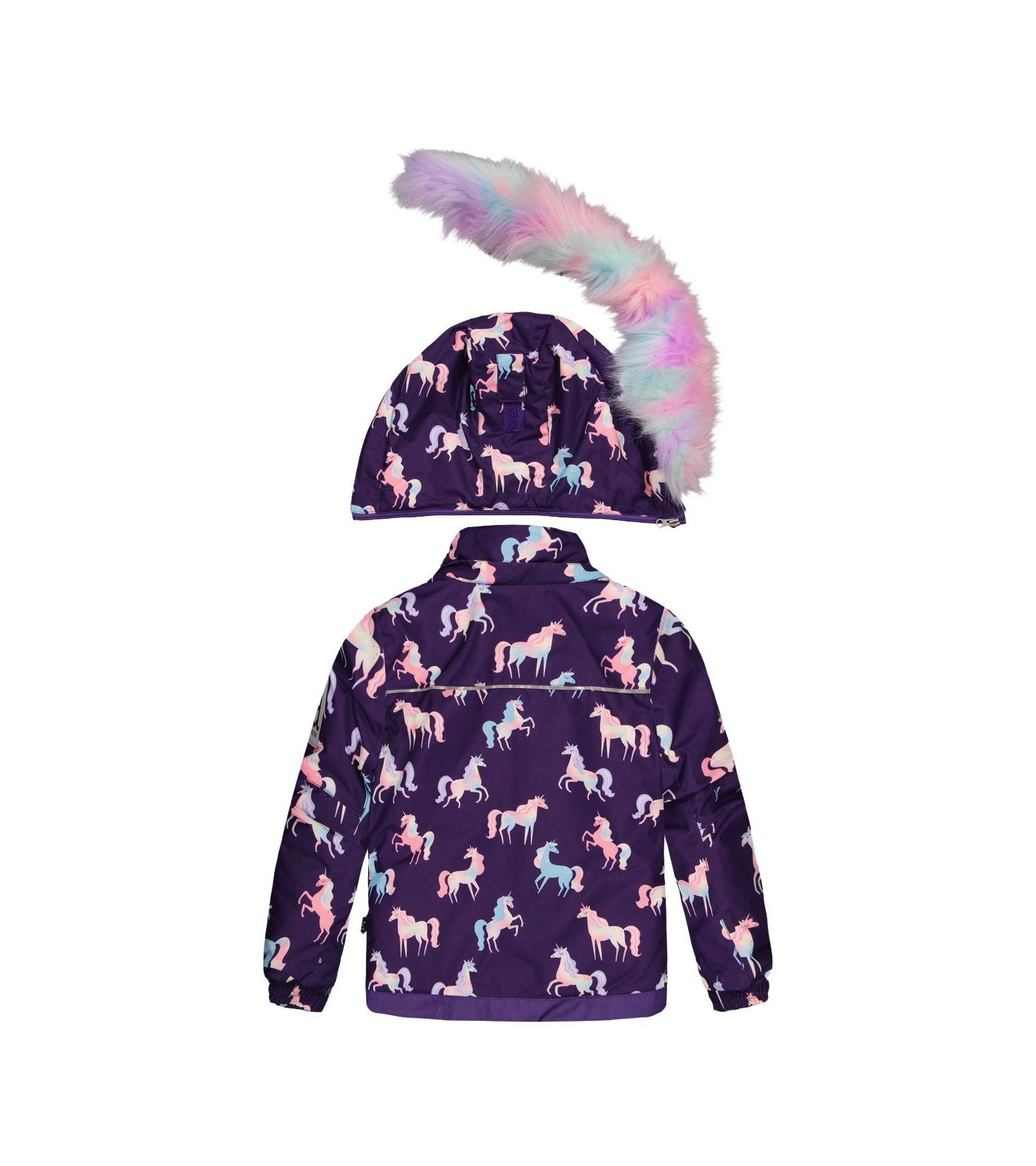 Little and Big Girl 6- 14 Two Piece Play Snowsuit Purple Unicorn Print with Multicolored Pants