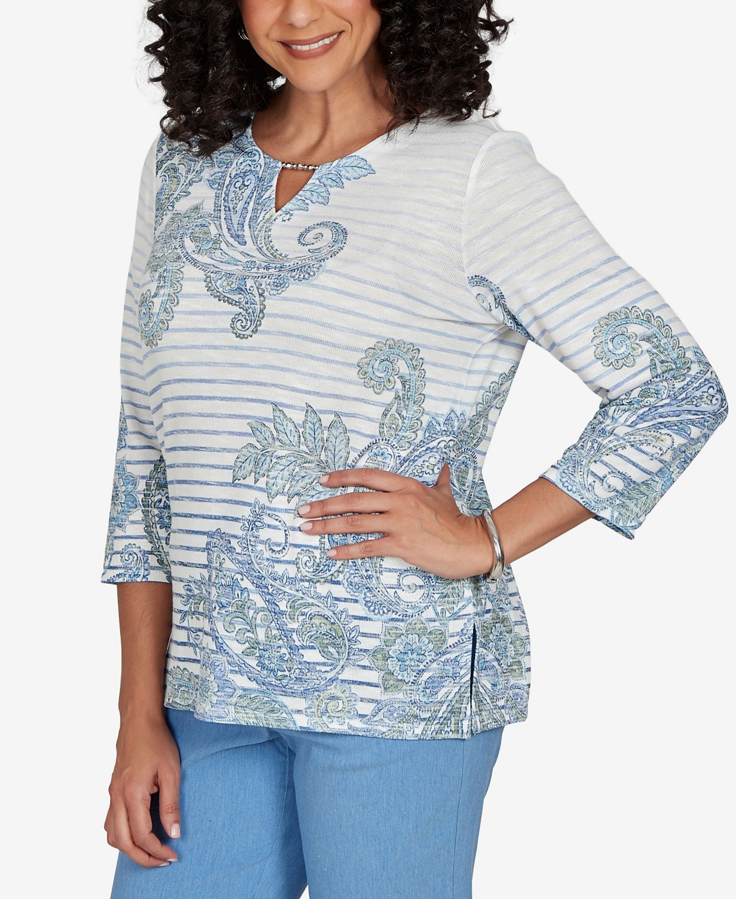 Women's Provence Paisley Stripe Split Neck Top