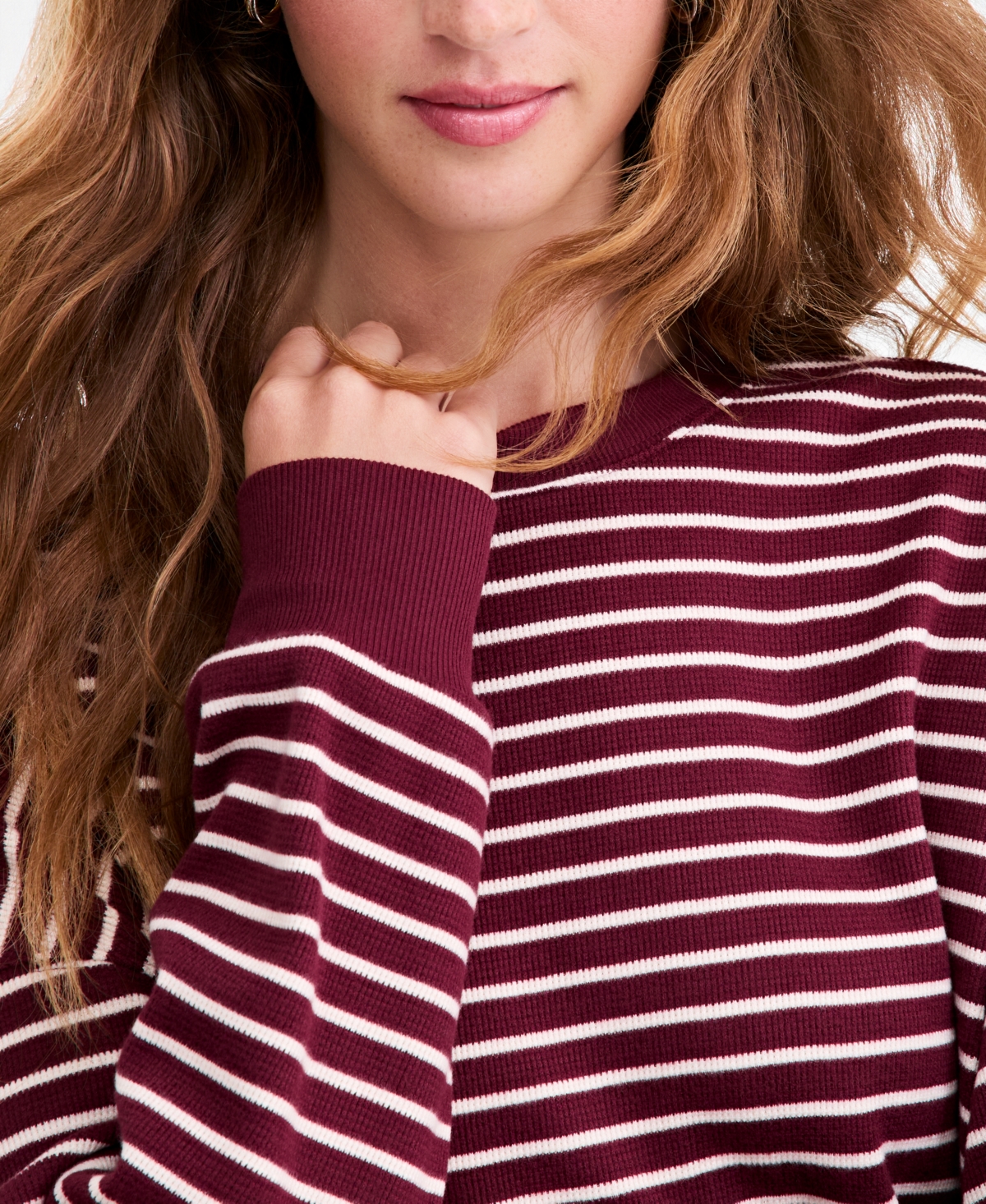 And Now This Women's Stripe Lounge Crew Waffle-Knit Crewneck Pullover Sweater, Macy's Exclusive